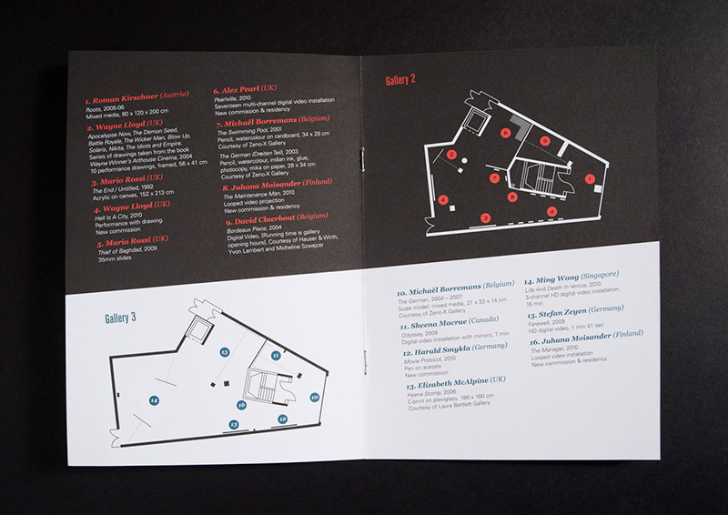 Centre page spread of the Unspooling gallery guide showing plans of both floors of the exhibition with numbered circles marking locations of the artwork. Corresponding numbered text gives info about each artwork.