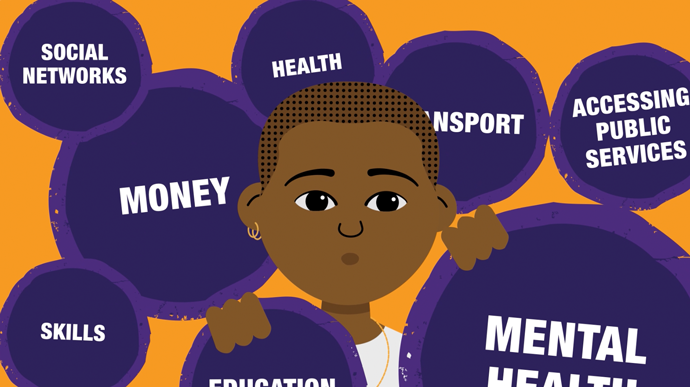 Animation still: A young, black, non-binary person is looking worried as they are surrounded by multiple stresses in their life represented by circles containing the following words: 'Social networks, health, transport, accessing public services, money, skills, education and mental health'.