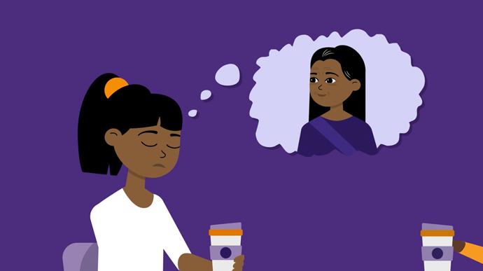 Animation still: Daisy, a young Asian lady is having a coffee whilst talking to a counsellor. She has her eyes closed and looks sad, she is thinking about her mum who passed away recently, which we see in the though bubble appearing from her head.