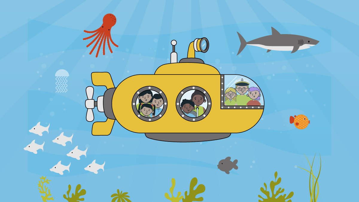 A submarine filled with happy people, exploring the wonders of the ocean