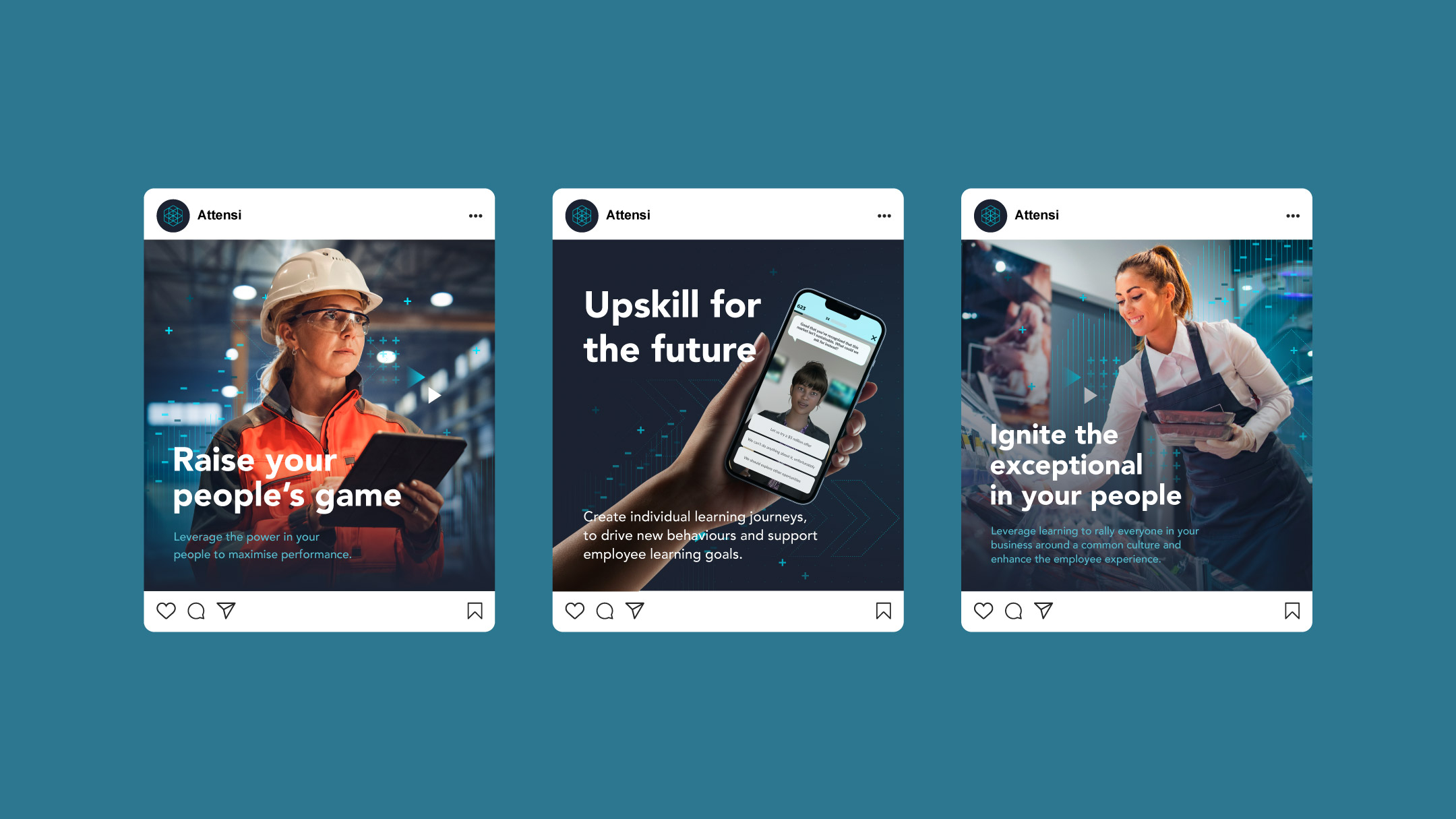 A series of three Instagram posts by Attensi, each advocating different facets of employee development. The first post illustrates a woman in industrial gear using a tablet, captioned "Raise your people's game", underscoring the enhancement of performance. The second post shows a hand holding a smartphone displaying an e-learning application, titled "Upskill for the future", focusing on personalised learning journeys. The third picture captures a cheerful woman in a café setting interacting with a tablet, with "Ignite the exceptional in your people" as the heading, highlighting the significance of bolstering company culture and employee experience through learning. Each post merges vivid imagery with inspiring text, consistent with a contemporary and professional theme.