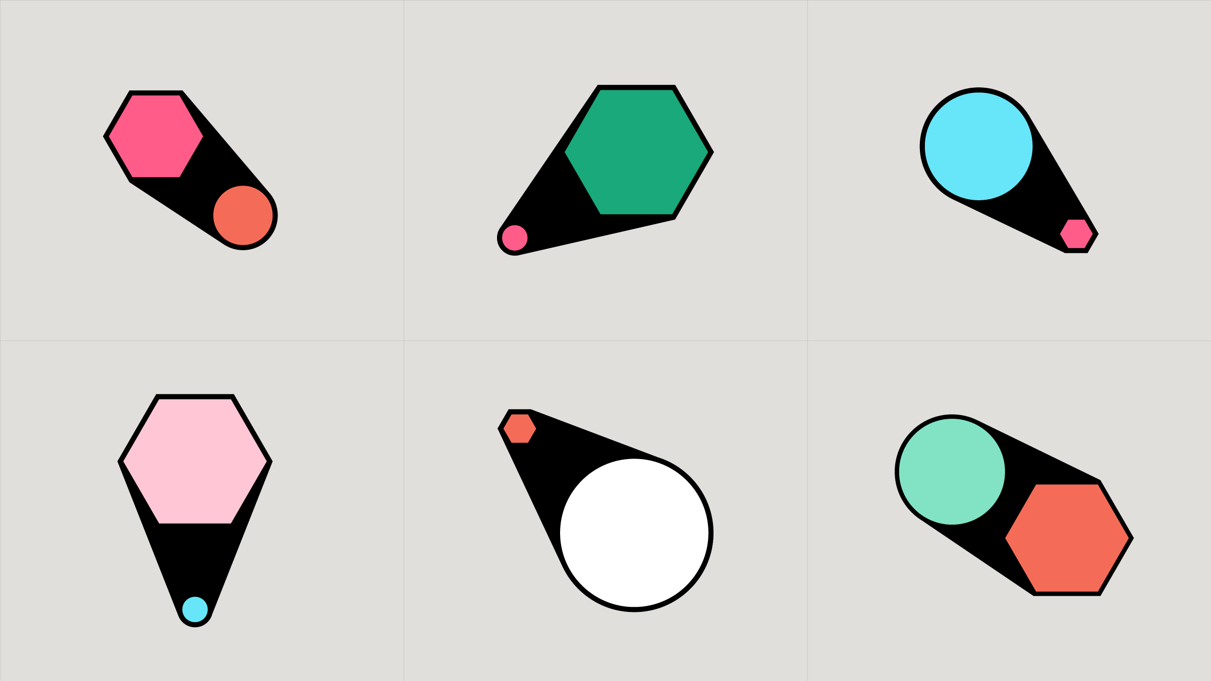 Six geometric graphics based on the brand logo but with the circle and octagon displays in different positions, sizes and colours including pink, green, blue, and orange, displayed in a grid pattern on an off-white background.