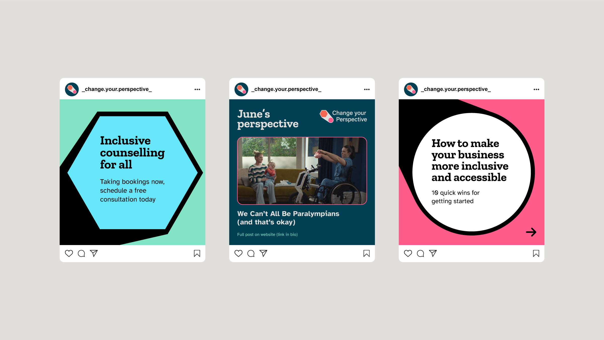 Three Instagram posts from Change Your Perspective promoting inclusive counselling, a blog post titled 'We Can't All Be Paralympians', and tips on making businesses more inclusive and accessible.