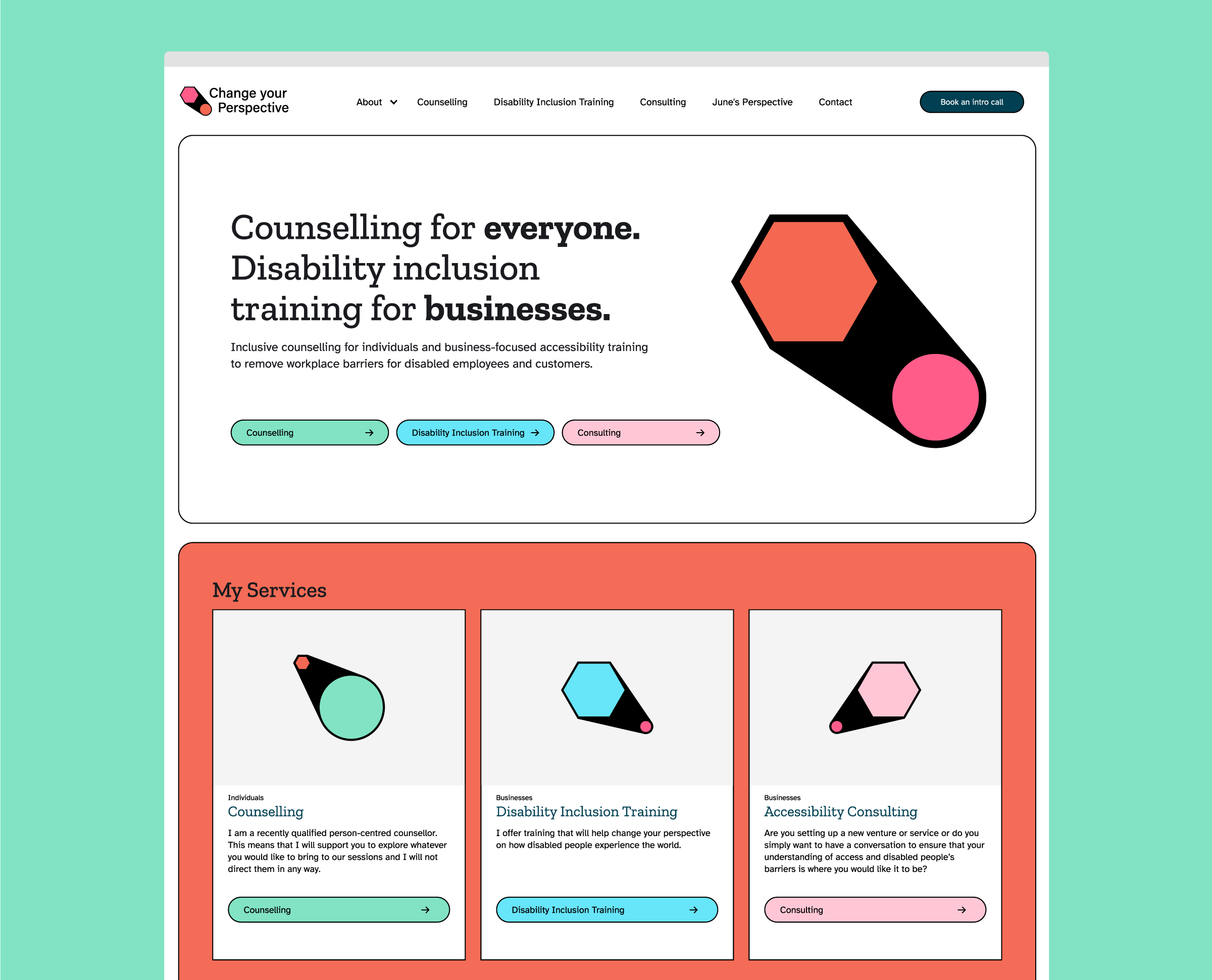 Change Your Perspective website homepage showcasing Counselling for individuals and Disability Inclusion Training and Consulting for businesses, with bold text, brand colours and logo.