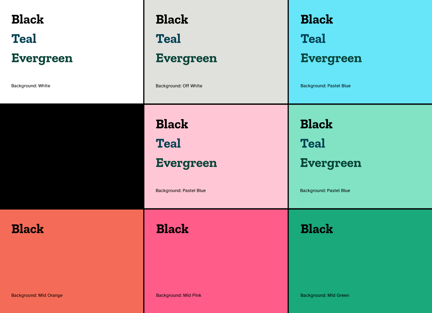 8 blocks demonstrating colour usage for text and backgrounds to ensure sufficient contrast for accessibility. The blocks show 'Black', 'Teal', and 'Evergreen' text on various background colours, including white, off-white, pastel blue, black, pastel pink, mid-orange, mid-pink, and mid-green.